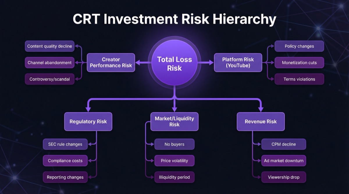 Risk hierarchy tree showing Total Loss Risk at center branching to Creator Performance, Platform (YouTube), Market/Liquidity, and Regulatory risks with sub-factors under each