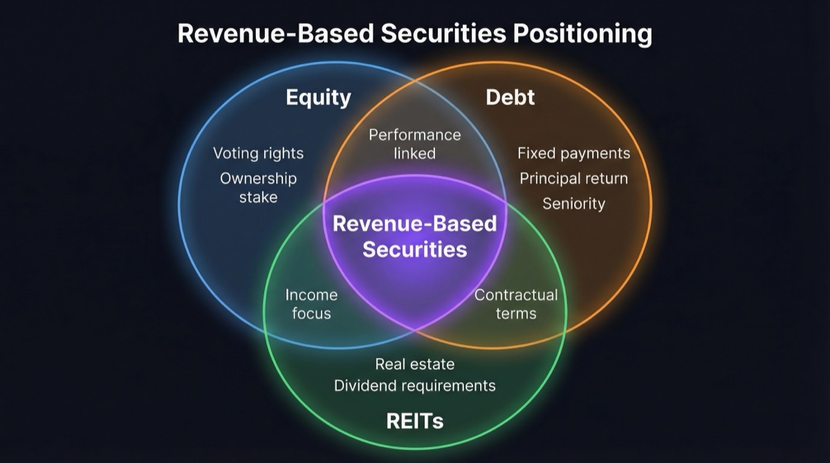 Venn diagram showing how Revenue-Based Securities overlap and differ from Equity, Debt, and REITs with unique and shared characteristics